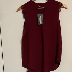 Doublju Burgundy Lace Accent Blouse
